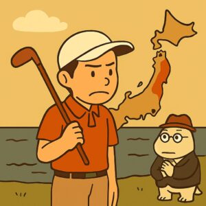 ゴルフ少年を心配そうに見守るかばん太